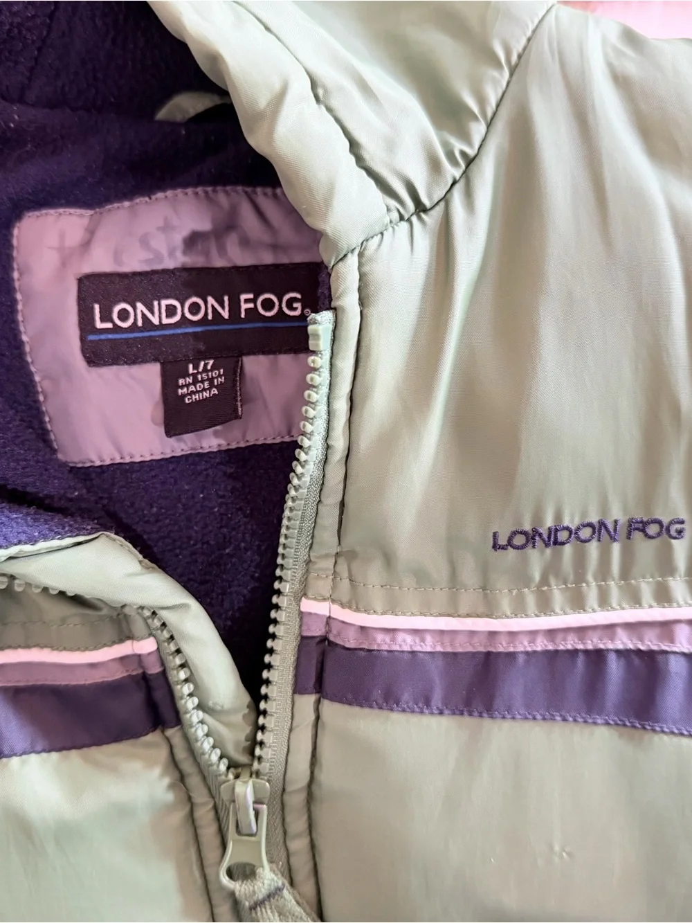 London Fog Kids Mint Green Puffer Jacket with Navy & Gray Accents